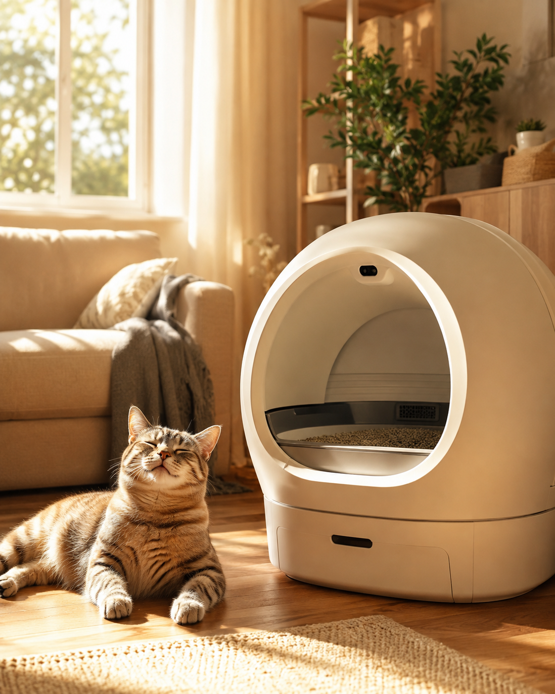 Happy cat relaxing beside a clean automatic cat litter box in a cozy living room