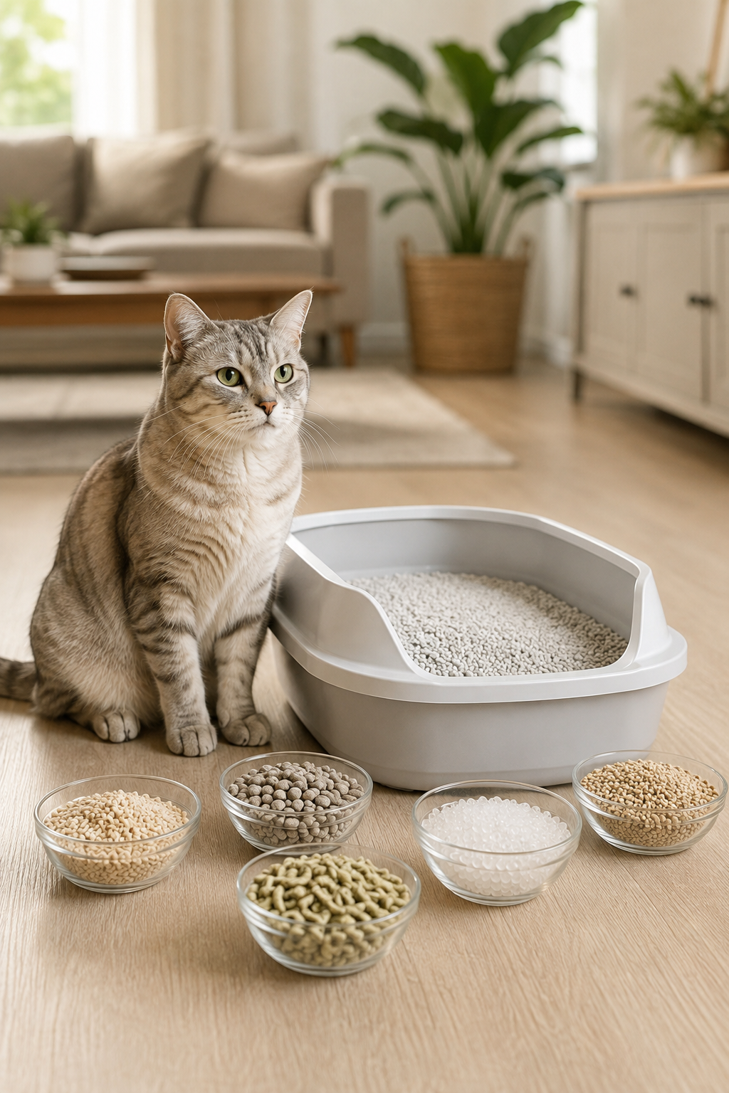 Happy healthy cat sitting beside a clean litter box with different cat litter options in a modern home