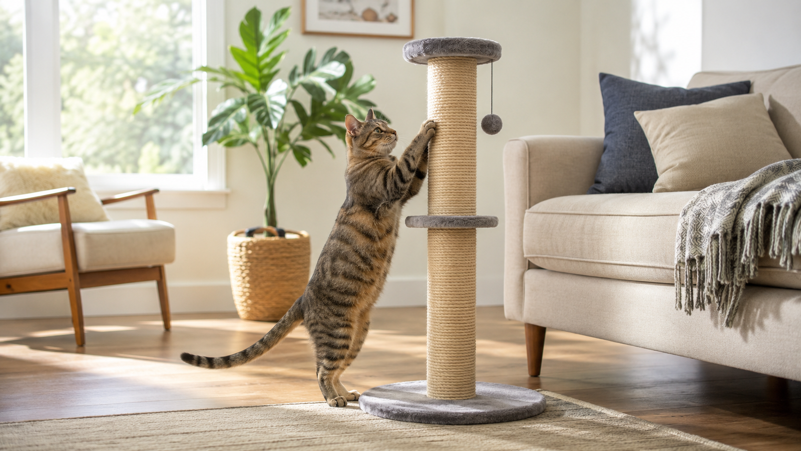 Happy domestic cat using a tall sisal scratching post in a modern American living room