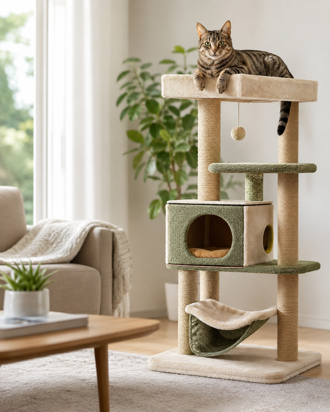 Happy indoor cat relaxing on a multi-level cat tree in a bright modern American living room