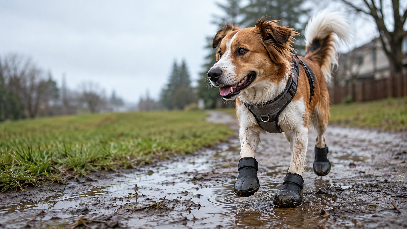 Dog wearing waterproof boots walking on a wet muddy trail after rain