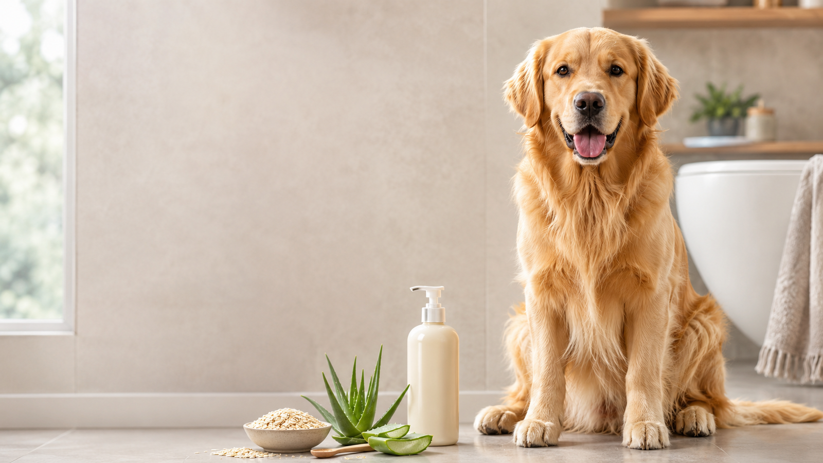 Golden Retriever beside gentle dog shampoo with oatmeal and aloe for sensitive skin