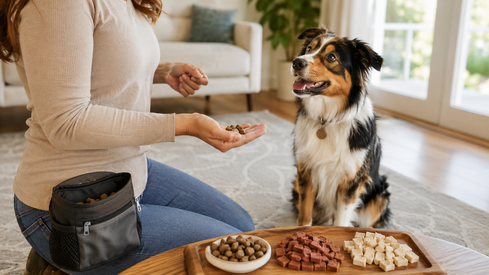 Happy dog receiving small training treats during positive reinforcement training at home