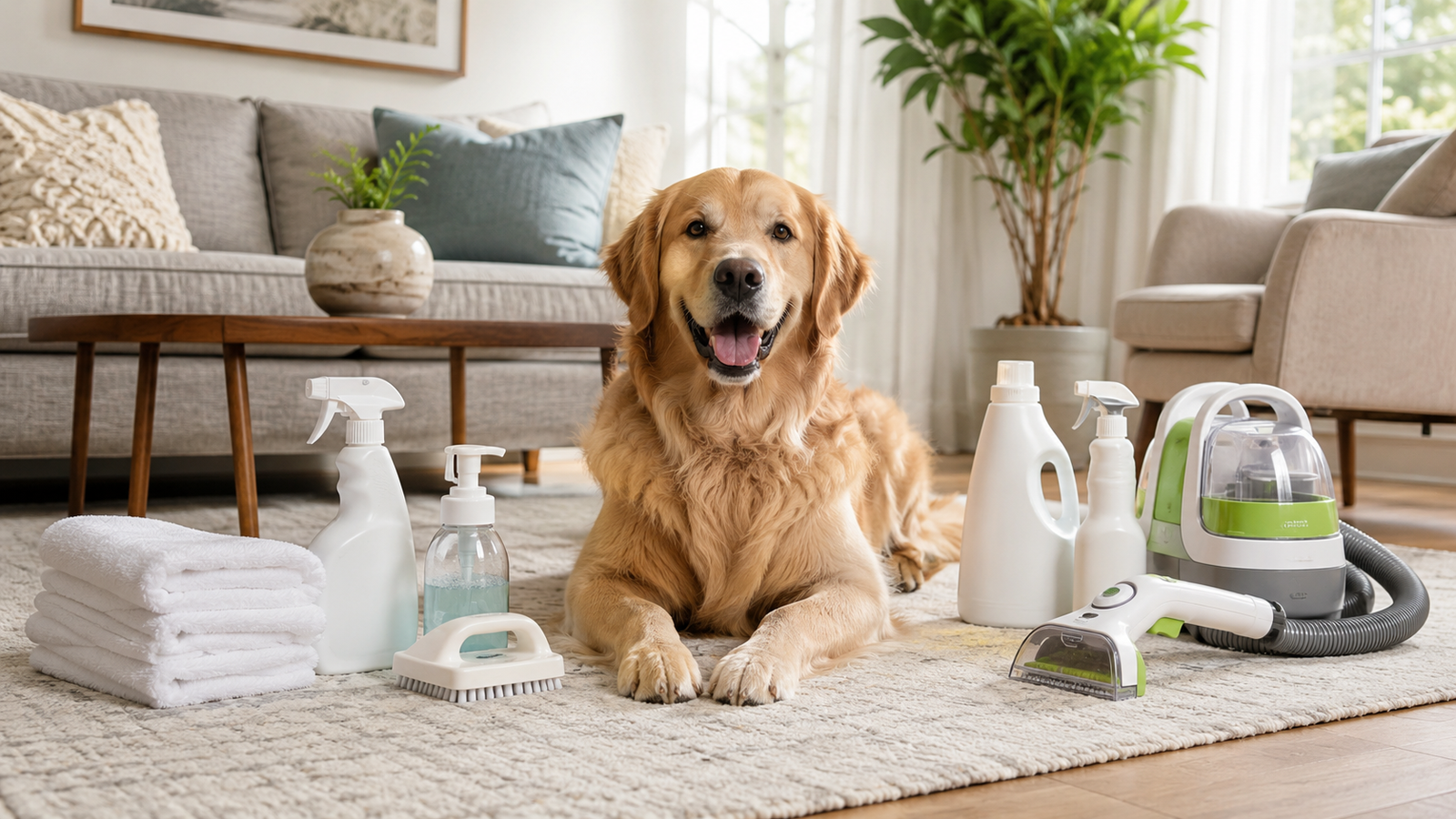 Best pet stain removers in 2026 with a happy dog, enzymatic cleaner, towels, and carpet spot cleaner in a modern American home