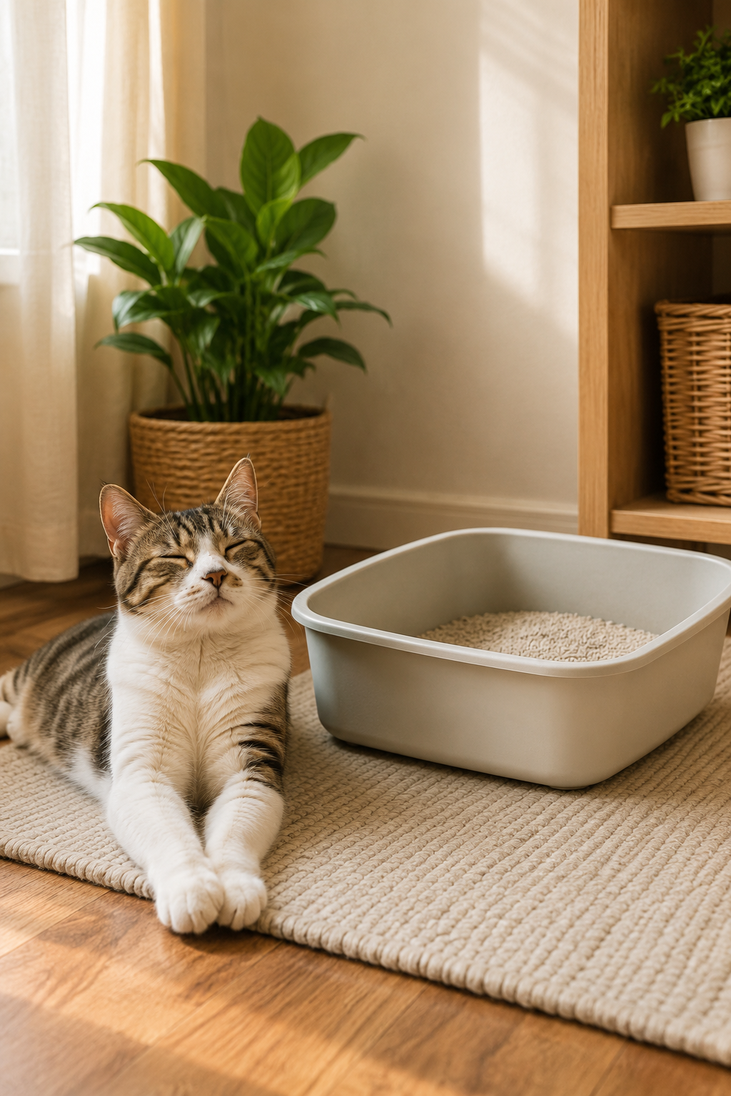 Relaxed cat beside a clean litter box in a cozy home