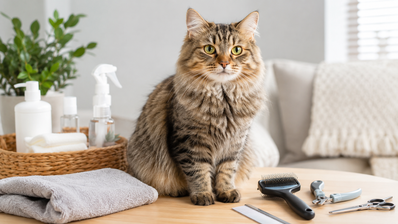 Healthy fluffy cat beside complete grooming tools including a brush, flea comb, nail clipper and towel