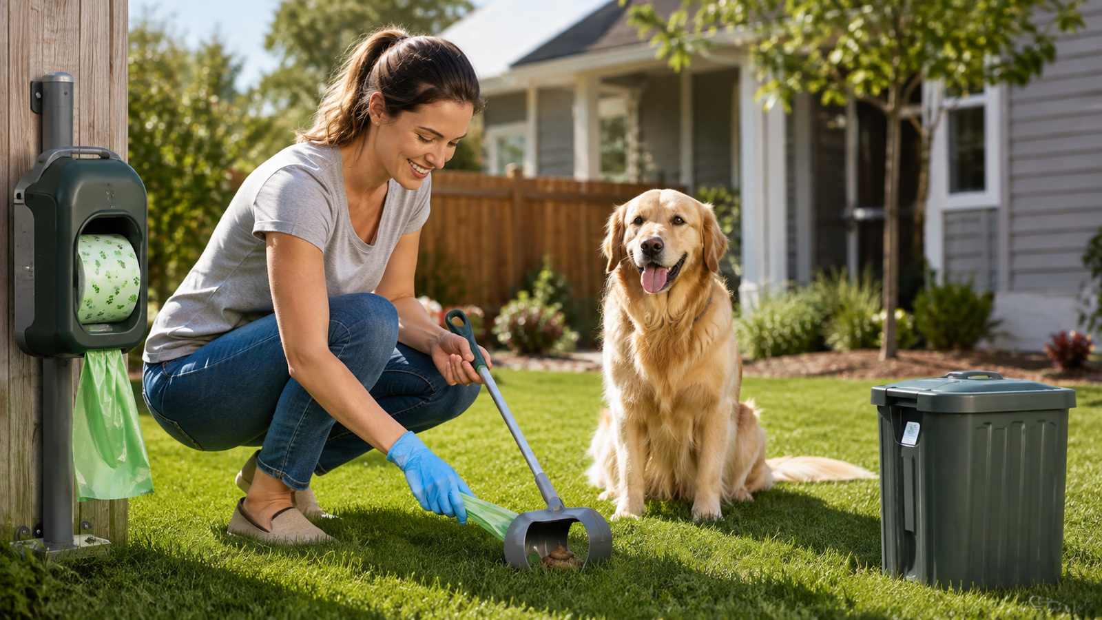 Responsible dog owner cleaning up dog waste in a suburban backyard with poop bags, scooper and outdoor waste bin.