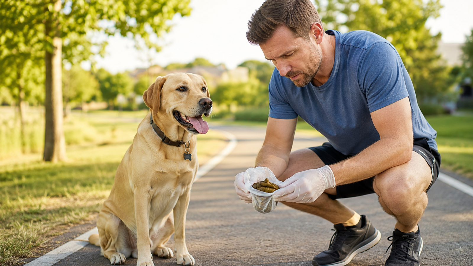 Healthy brown dog stool being observed by a dog owner during a walk