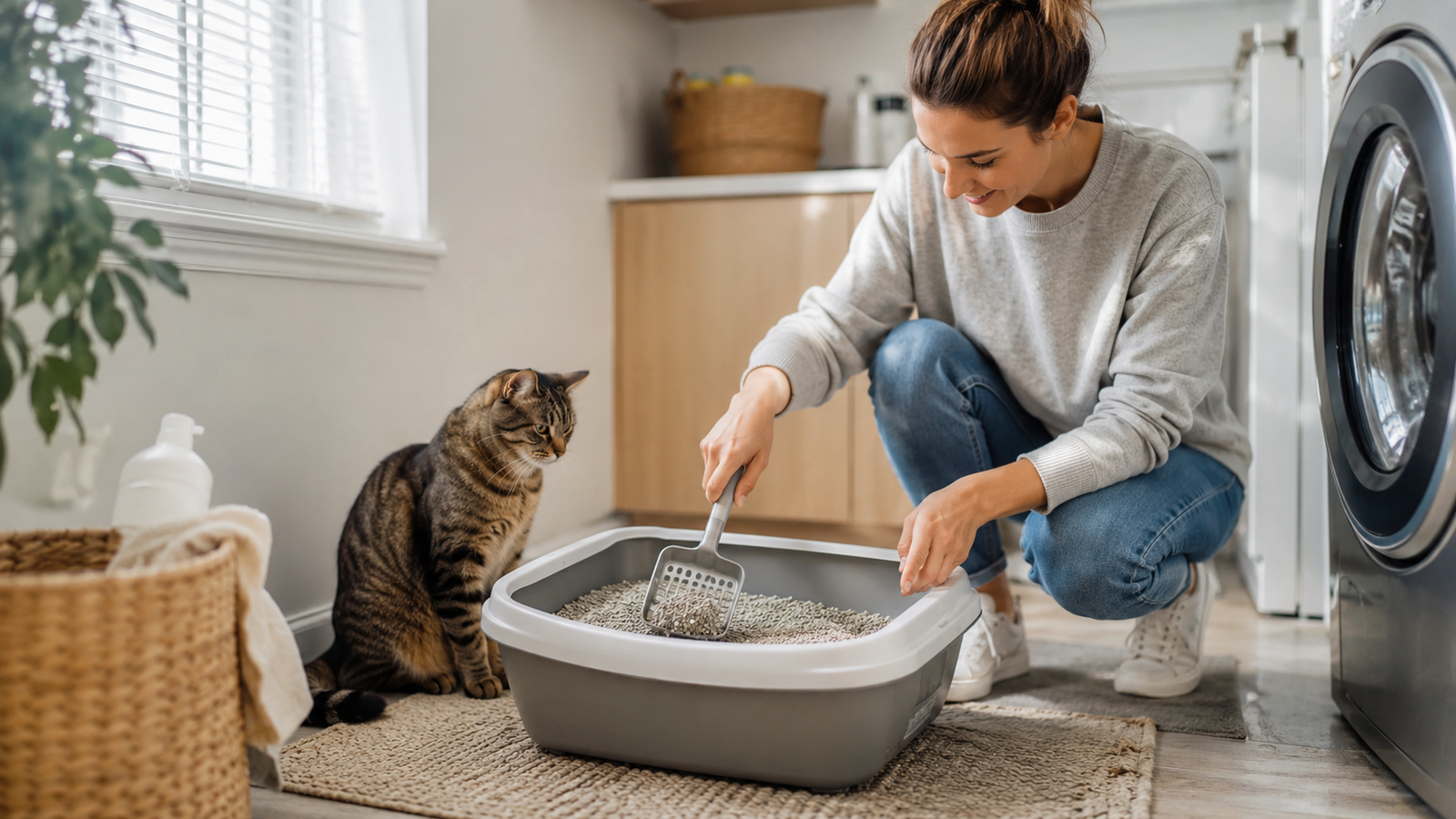 Cat owner scooping a clean litter box while cat watches in a modern home
