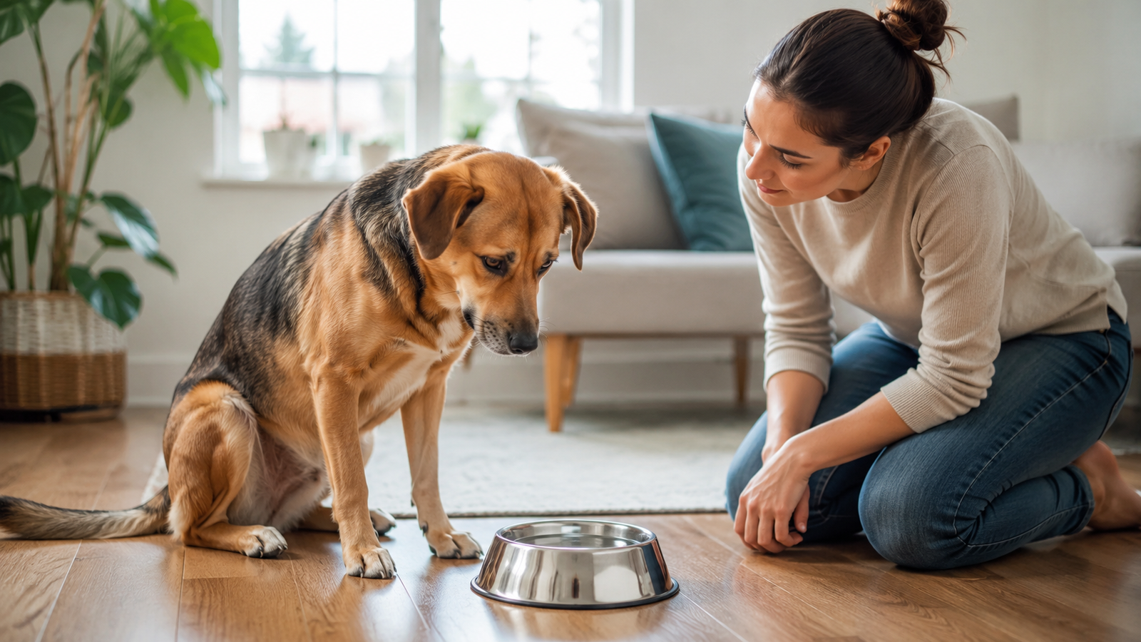 Healthy family dog beside a fresh water bowl while a pet owner observes hydration in a bright home