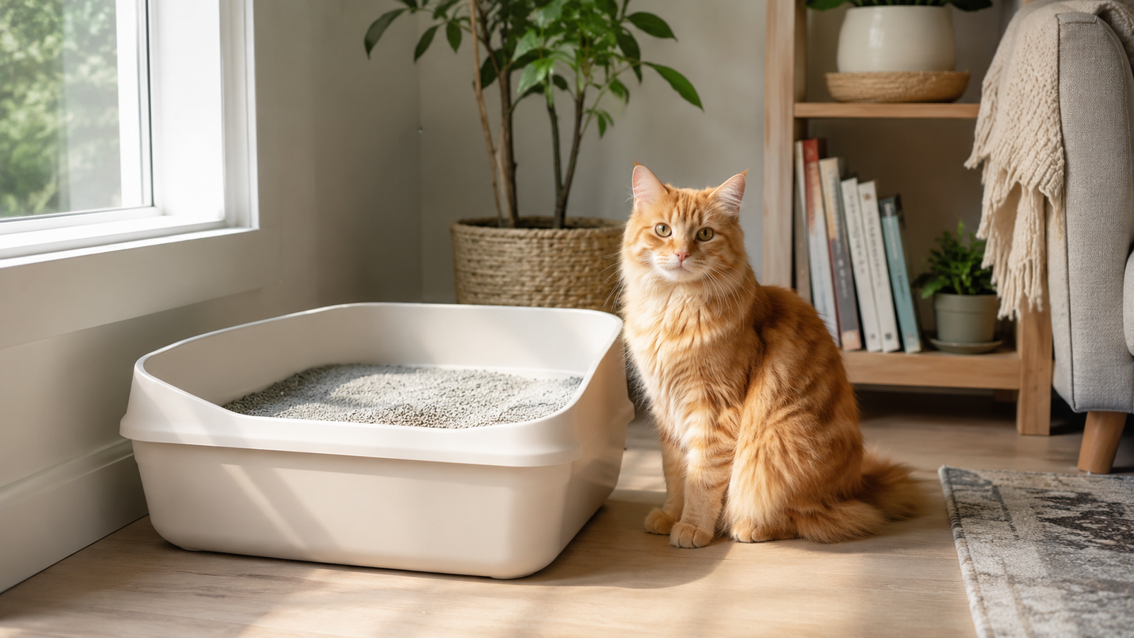 Large open cat litter box with gray litter and orange tabby cat in a cozy living room