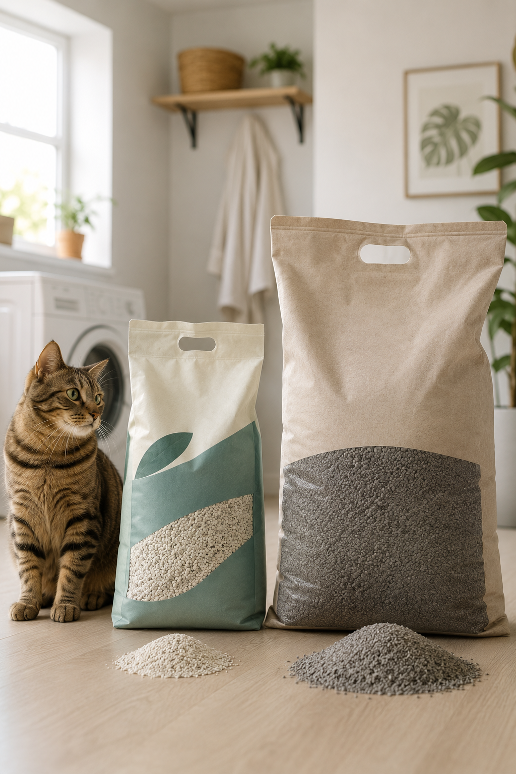 Lightweight cat litter vs regular cat litter compared in a modern home