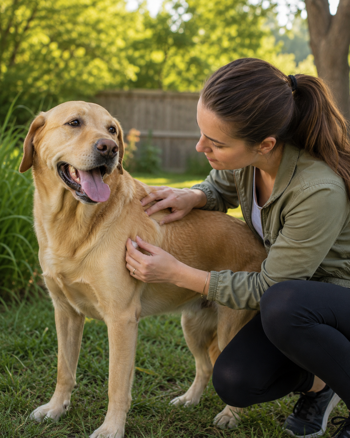 Owner checking a healthy dog's coat for ticks after an outdoor walk
