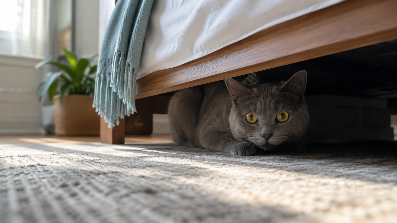 Gray domestic cat hiding under a bed in a bright modern home