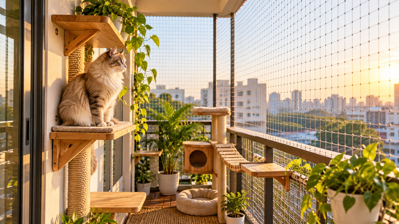 DIY balcony catio built for a small apartment with a cat relaxing on a shelf