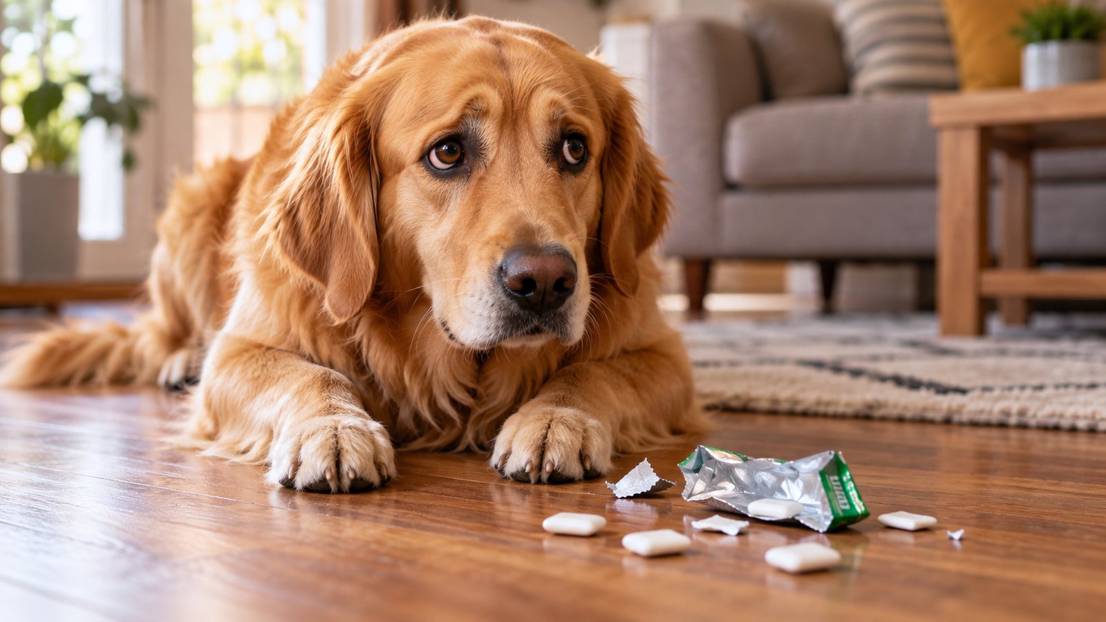 Worried dog sitting next to an empty sugar-free gum wrapper on the floor
