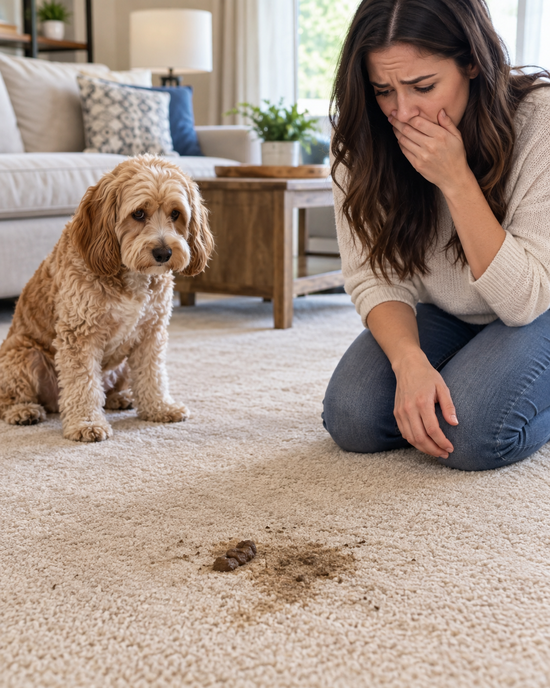 Dog poop stain and lingering smell on a beige carpet