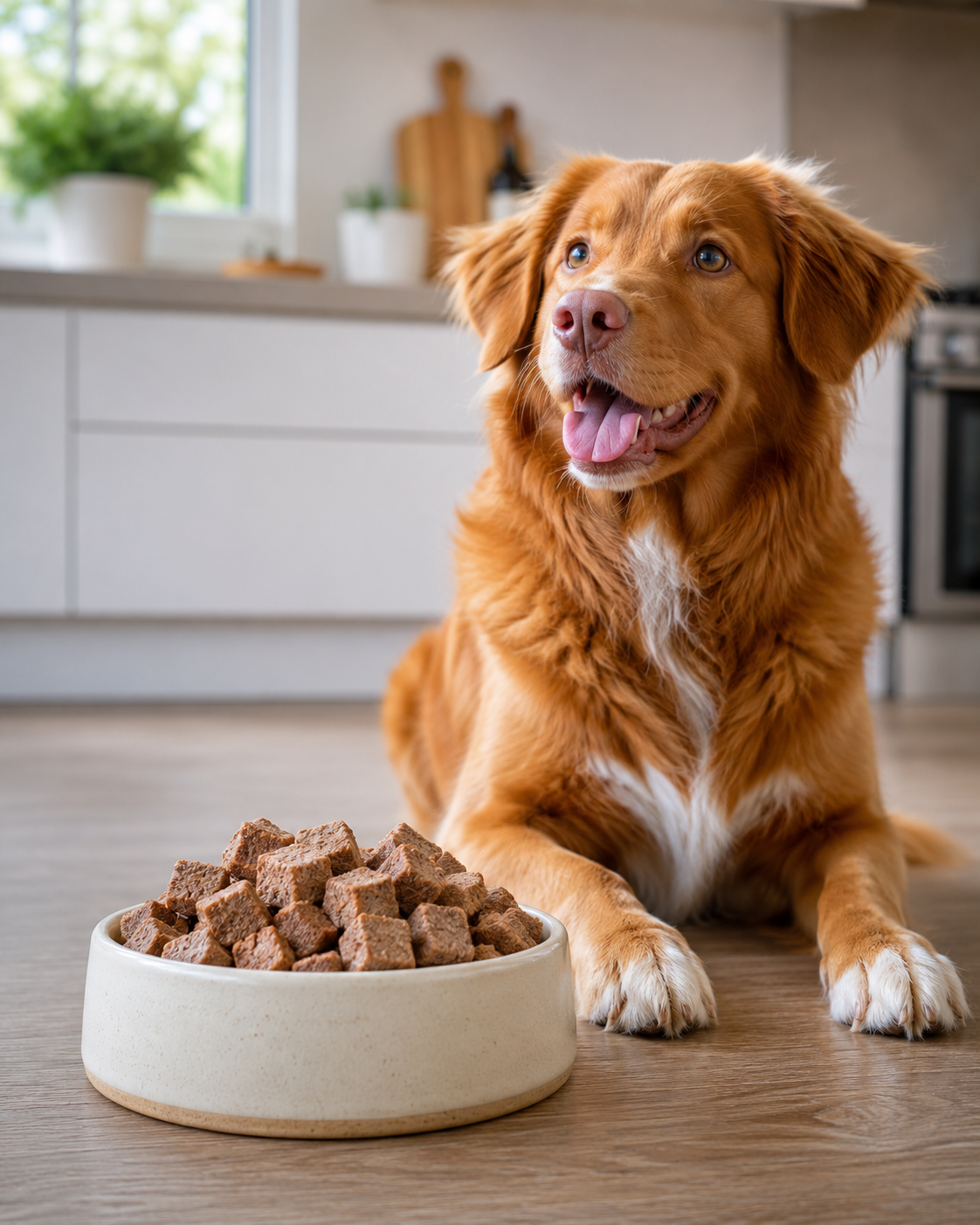 Healthy dog beside a bowl of freeze-dried dog food in a modern kitchen