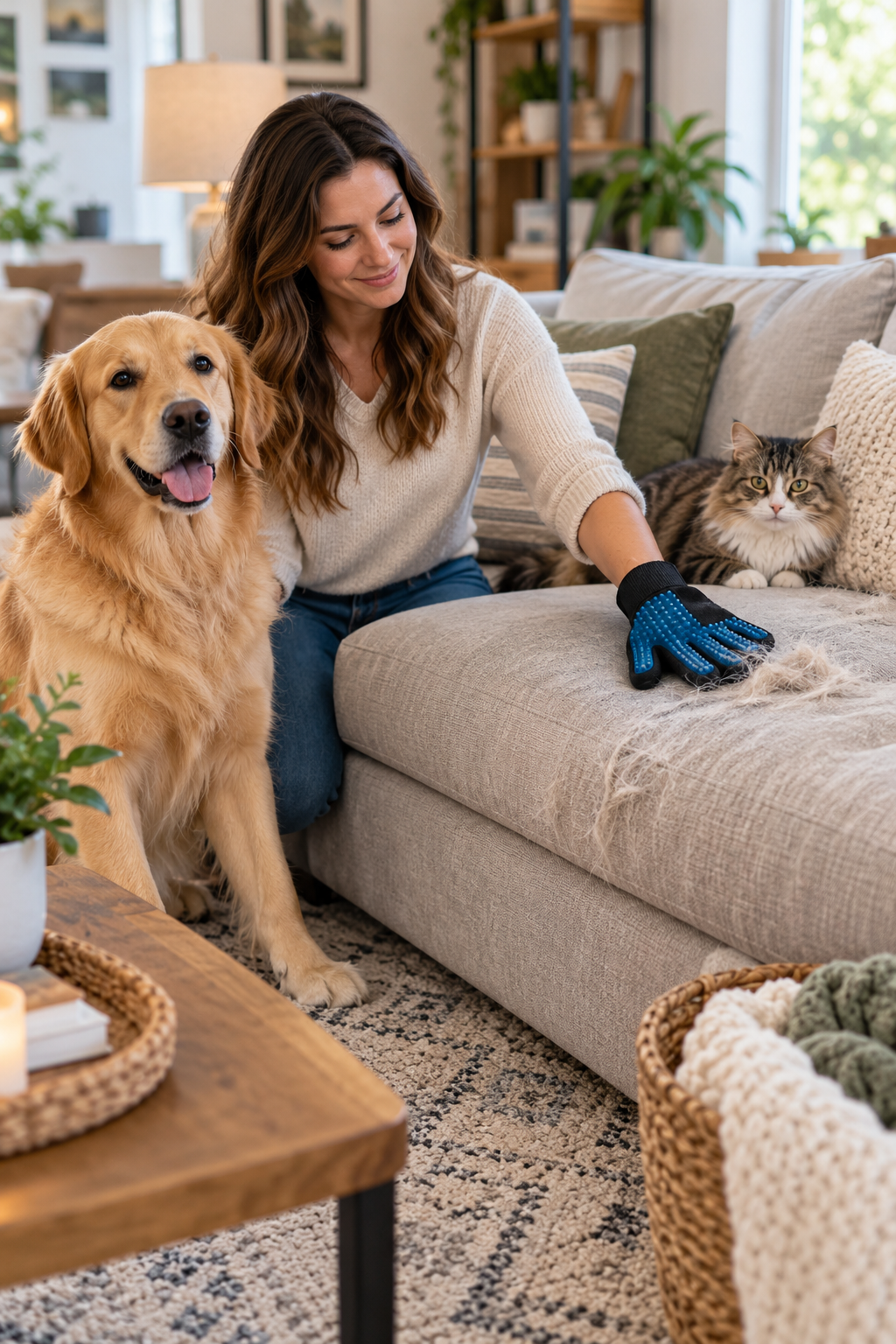 How to remove pet hair from a couch using a rubber glove