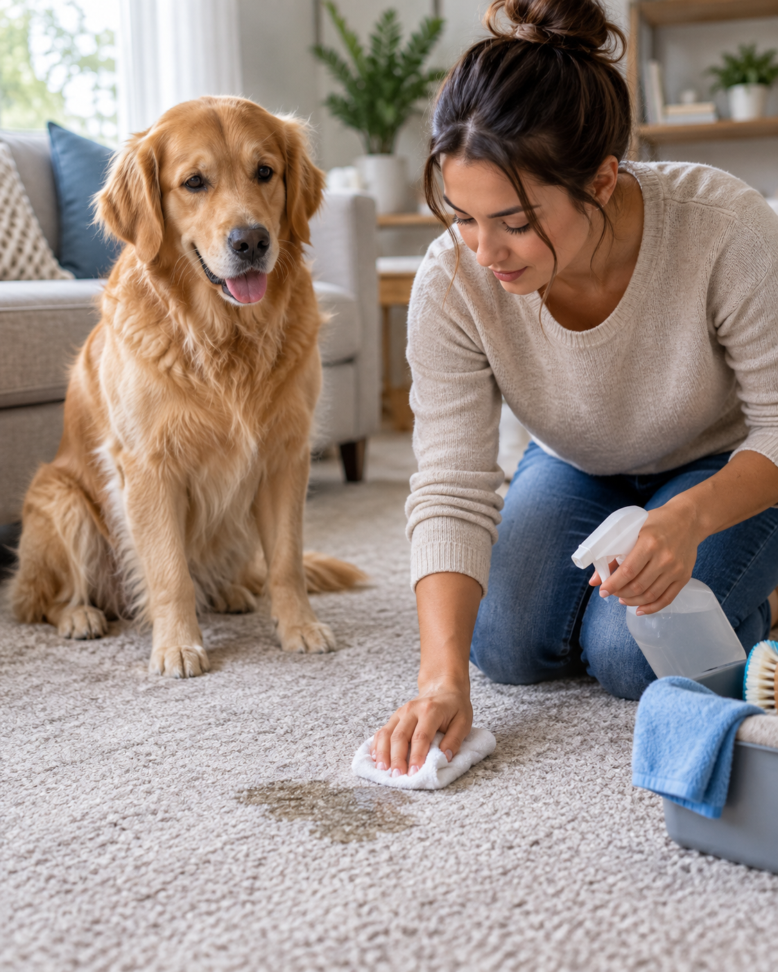 Using an enzyme cleaner to remove pet urine stains and odor from carpet