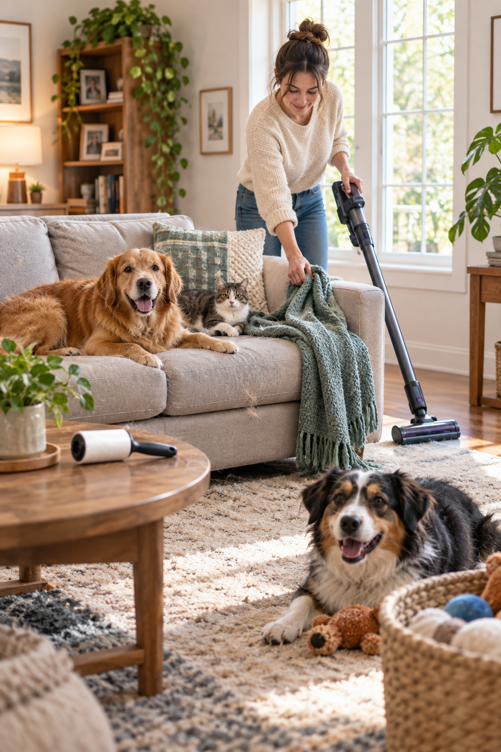 Clean and organized American home with multiple pets