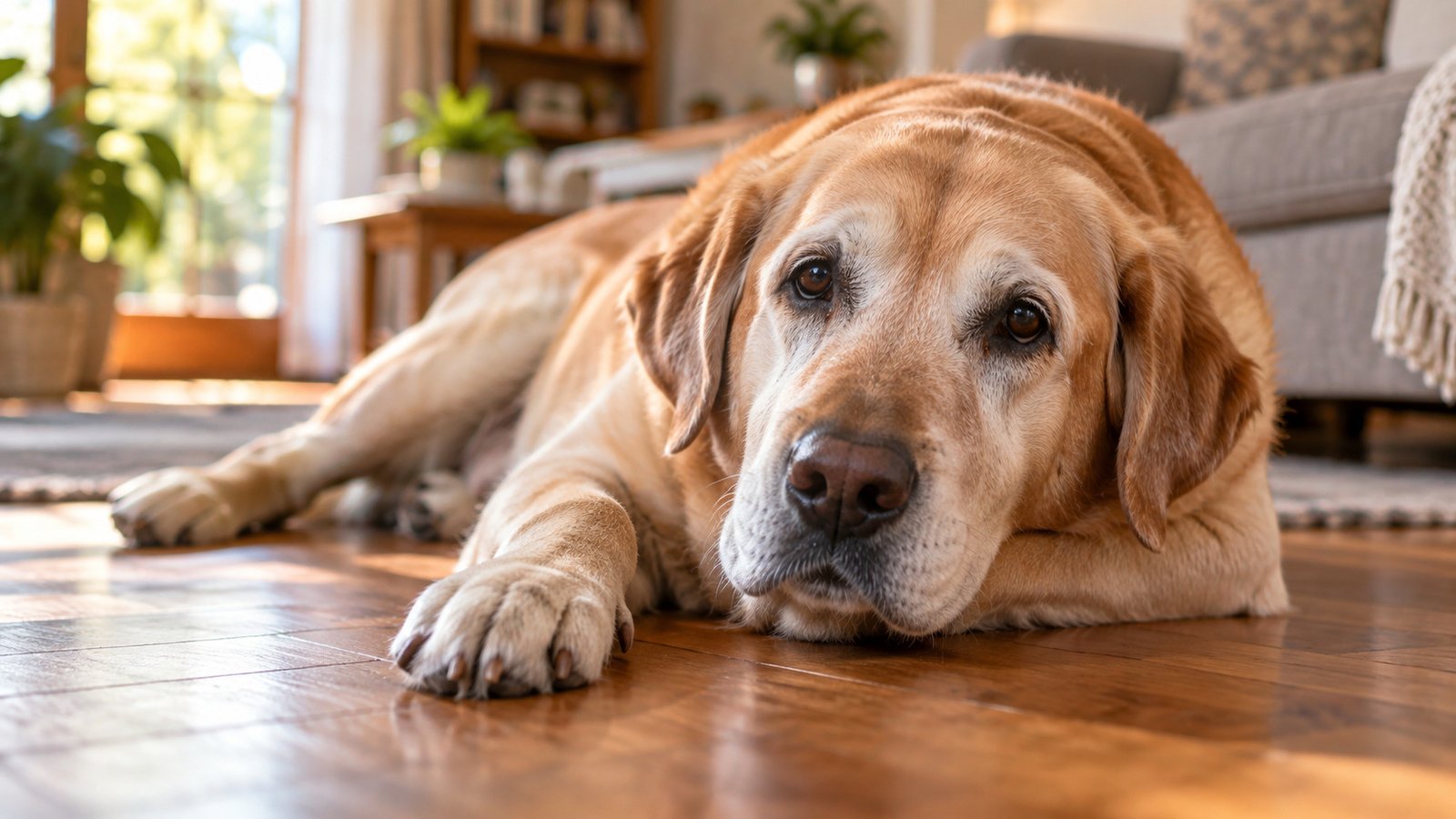Senior yellow Labrador resting at home, needing joint support for hip pain