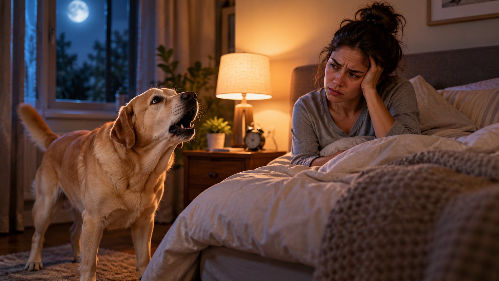 Dog barking at night in the bedroom while the owner tries to sleep