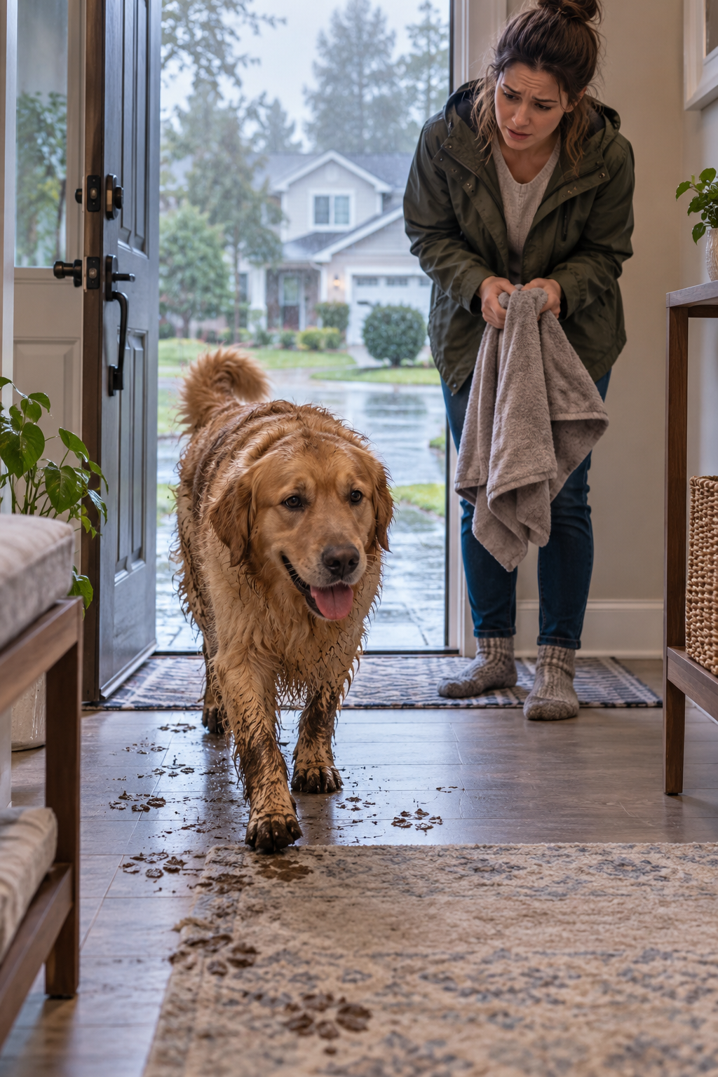 Dog having muddy paws cleaned at a doorway paw-cleaning station