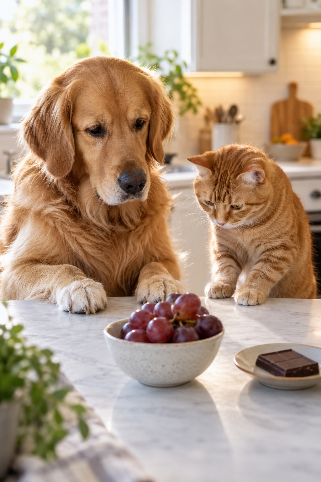 Dog and cat sitting near toxic foods like chocolate and grapes in a kitchen
