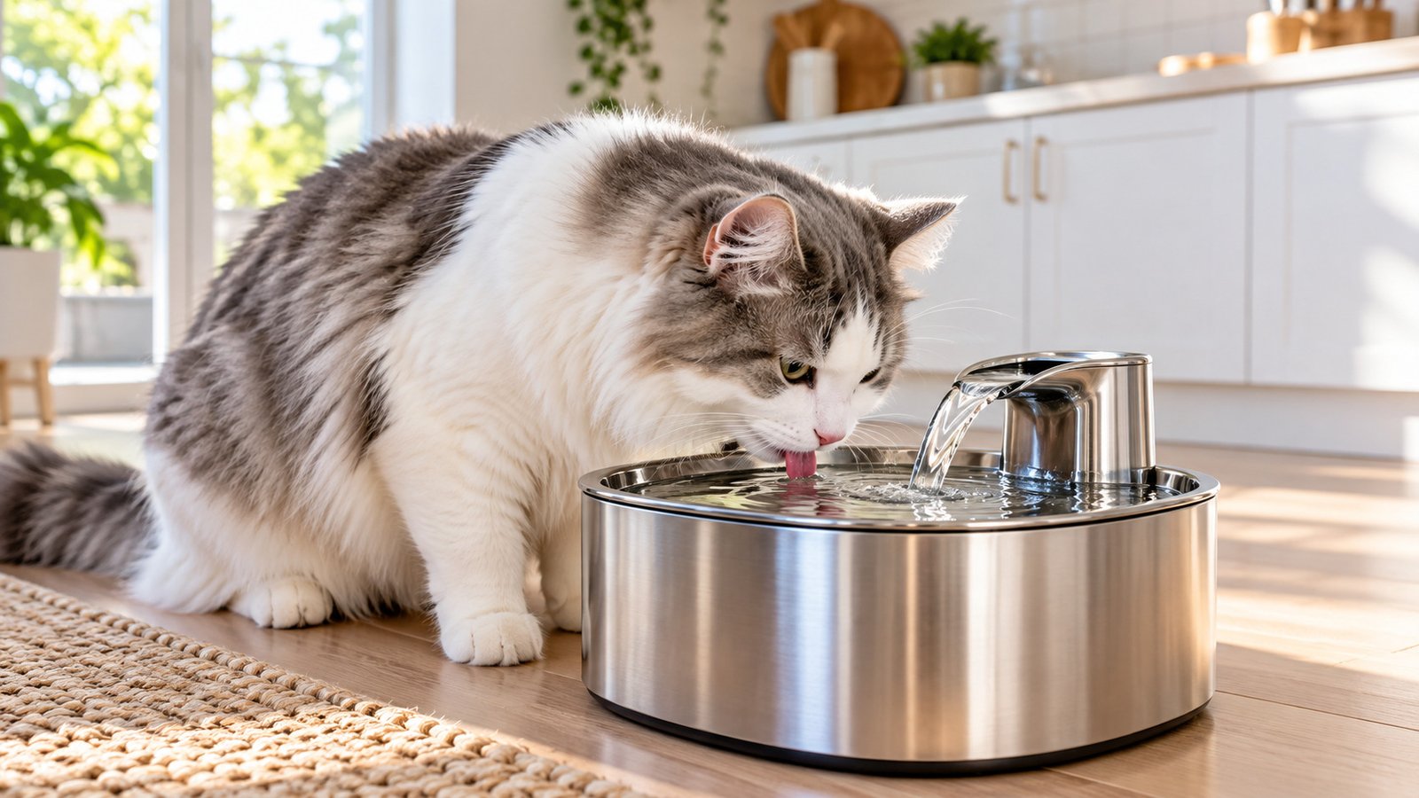 Cat drinking fresh water from a stainless steel cat water fountain.