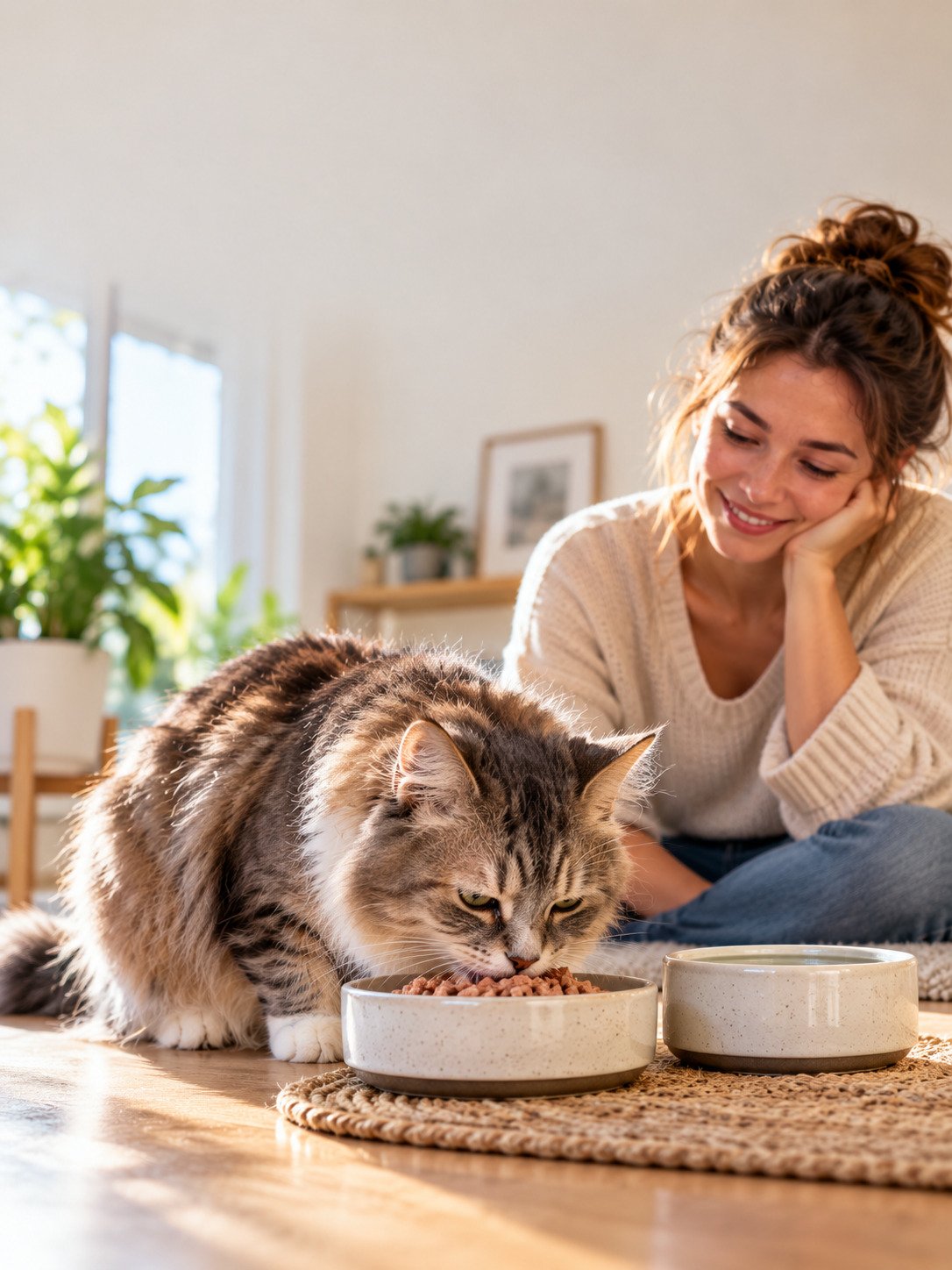 Senior cat eating wet food from a shallow bowl
