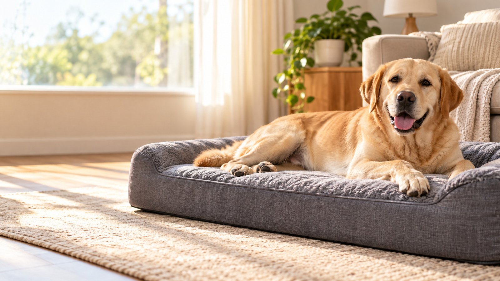 Large Labrador resting comfortably on a thick orthopedic dog bed for hip dysplasia