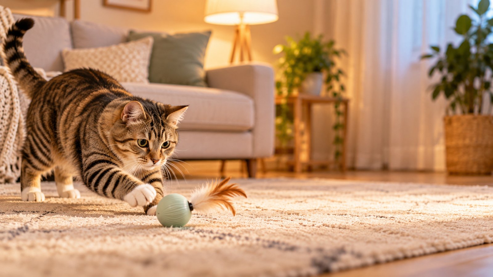 Indoor cat chasing a quiet rolling cat toy ball on a soft rug in a cozy apartment
